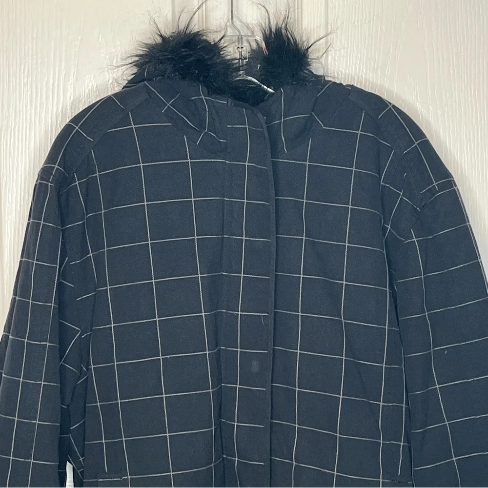 No Fear Thick Jacket Sz S Black Checkered Faux Fur Trim Hood Y2K Warm